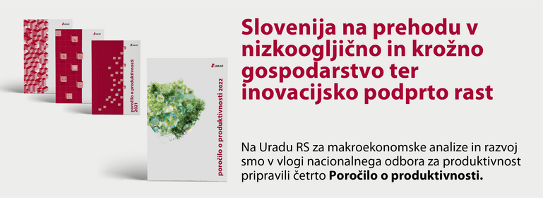 Slika z naslovnicami in besedilom: Slovenija na prehodu v nizkoogljično in krožno gospodarstvo ter inovacijsko podprto rast
